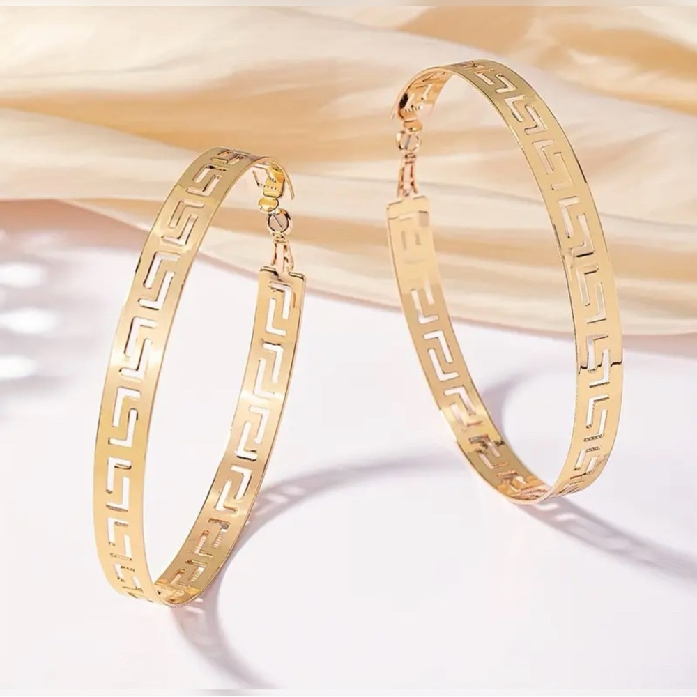 Gold Tone Big Hoop Earrings Versace-esque Greek Key Design - Picture 3 of 6